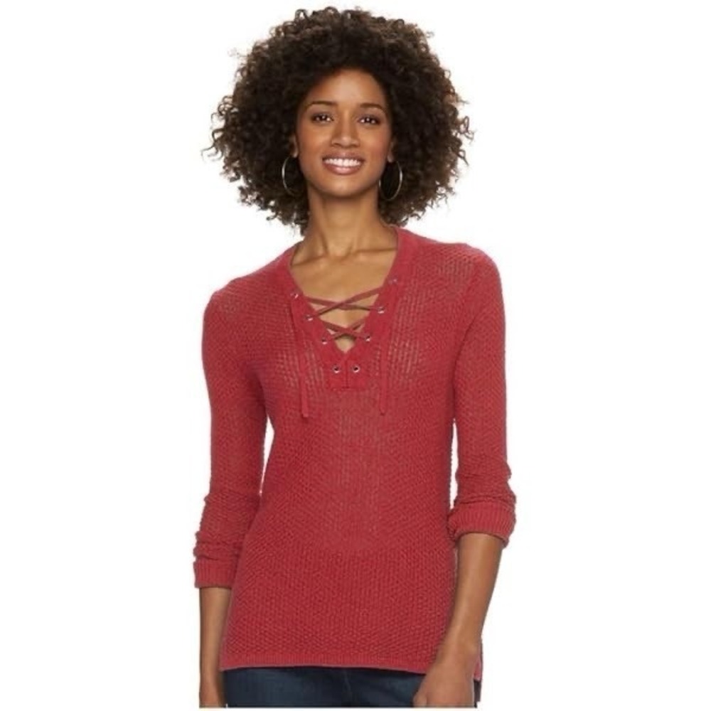 Chaps Sweater Women's Large Red Textured Knit Linen Blend Lace-Up
